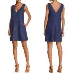 Theory V Neck Sleeveless A-Line Lntegrate 100% Linen Dress In Res Denim